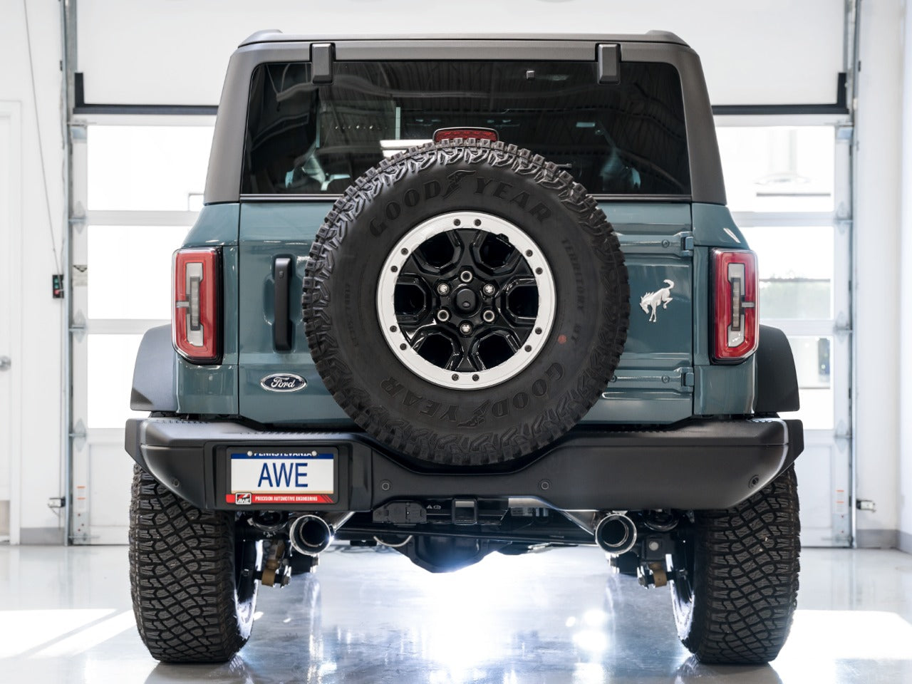 AWE Tuning 21-22 Ford Bronco 0FG Dual Rear Exit Exhaust w/Chrome Silver Tips & Bash Guard 3015-32456