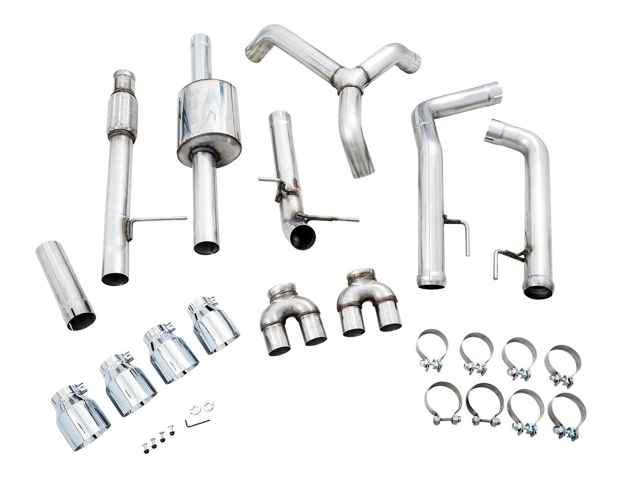 AWE Tuning 19-22 4th Gen GM 1500 5.3L 0FG Catback Split Rear Exit (w/ Bumper Cutouts) - Quad Chrome Tips 3015-42201