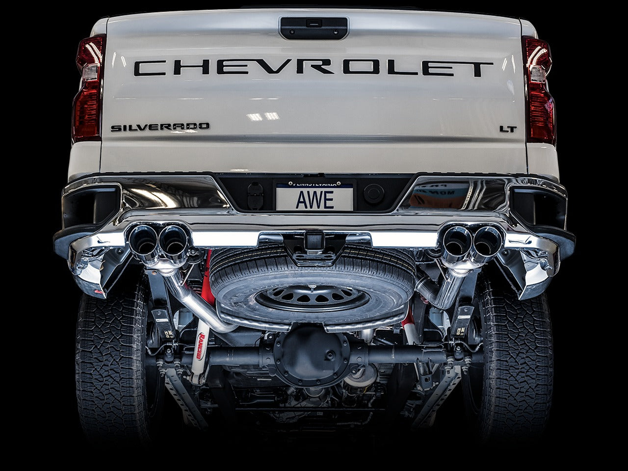 AWE Tuning 19-22 4th Gen GM 1500 5.3L 0FG Catback Split Rear Exit (w/ Bumper Cutouts) - Quad Chrome Tips 3015-42201