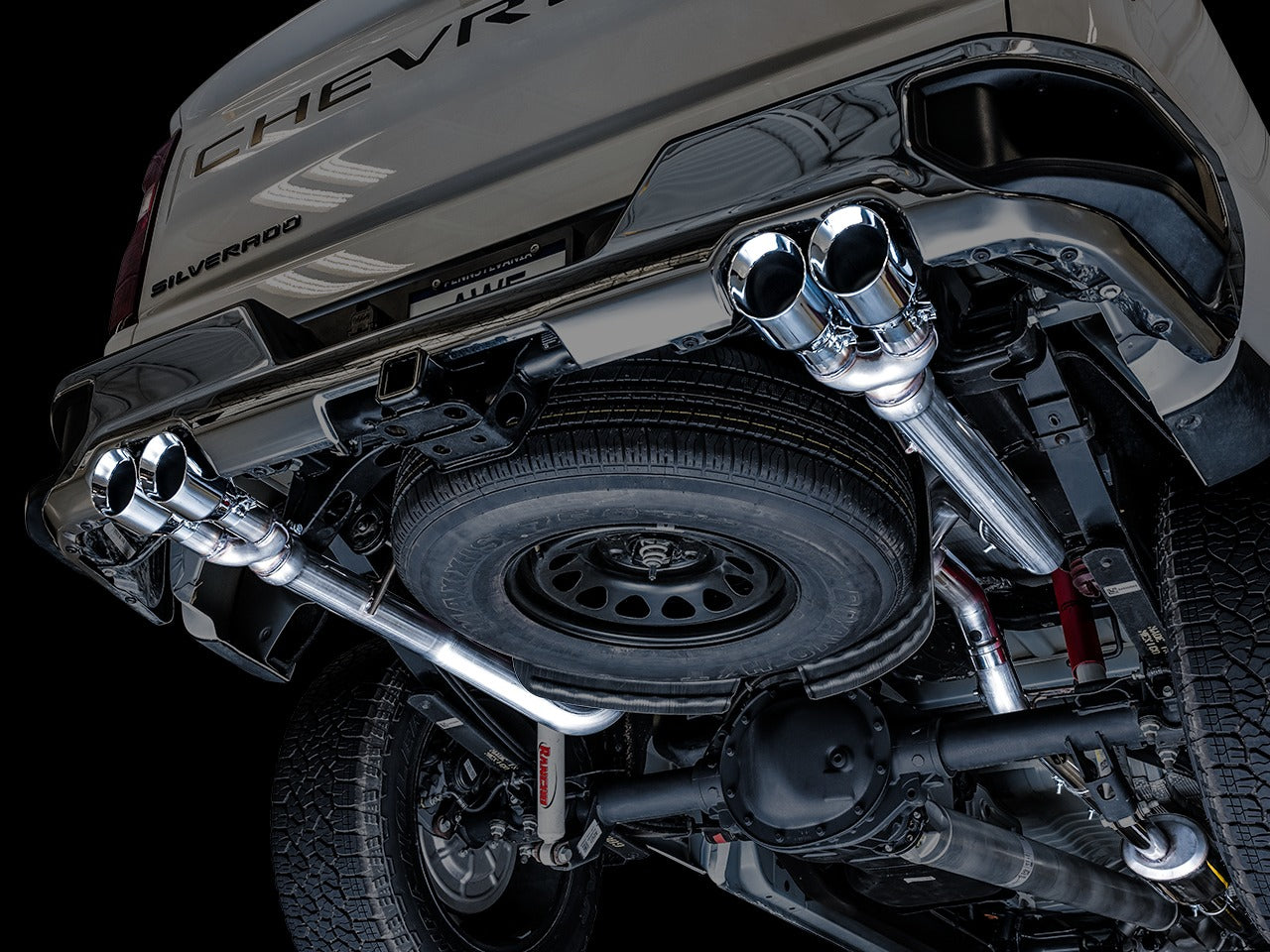 AWE Tuning 19-22 4th Gen GM 1500 5.3L 0FG Catback Split Rear Exit (w/ Bumper Cutouts) - Quad Chrome Tips 3015-42201