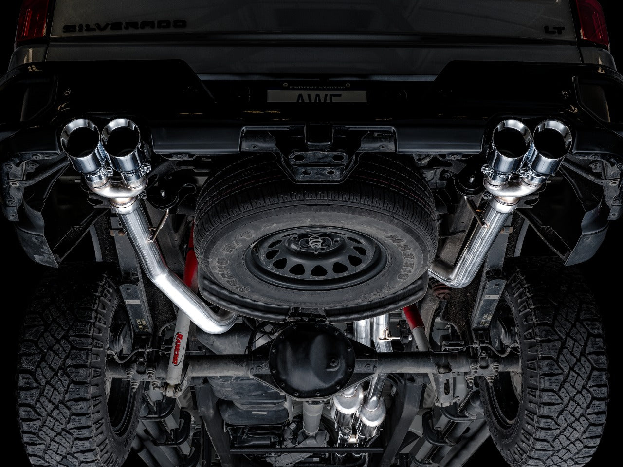 AWE Tuning 19-22 4th Gen GM 1500 6.2L 0FG Catback Split Rear Exit (w/ Bumper Cutouts) - Quad Diamond Tips 3015-43204