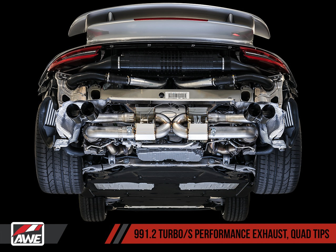 AWE Tuning Porsche 991 Turbo Performance Exhaust and High-Flow Cat Sections - Black Quad Tips 3015-43088