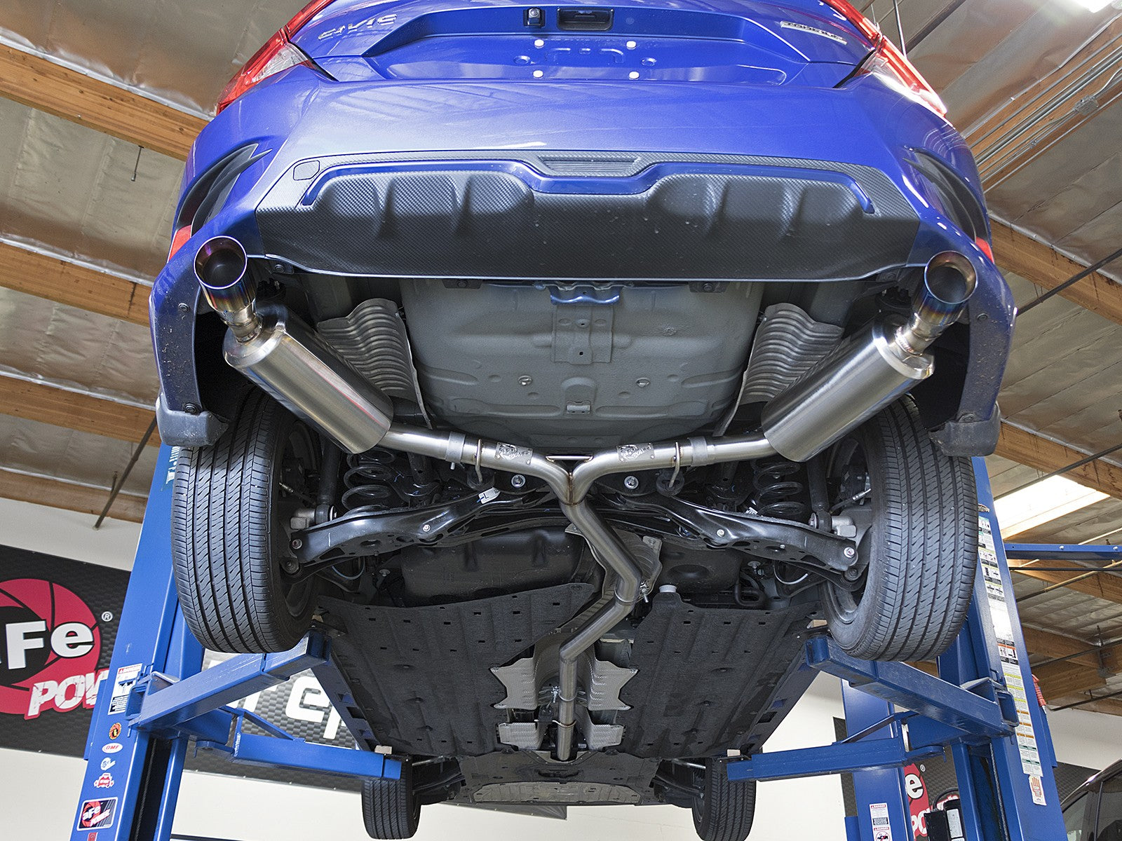 aFe POWER Takeda 16-21 Honda Civic I4-1.5L (t) 2.5-2.25in 304 SS CB Dual-Exit Exhaust Blue Tips 49-36615-L