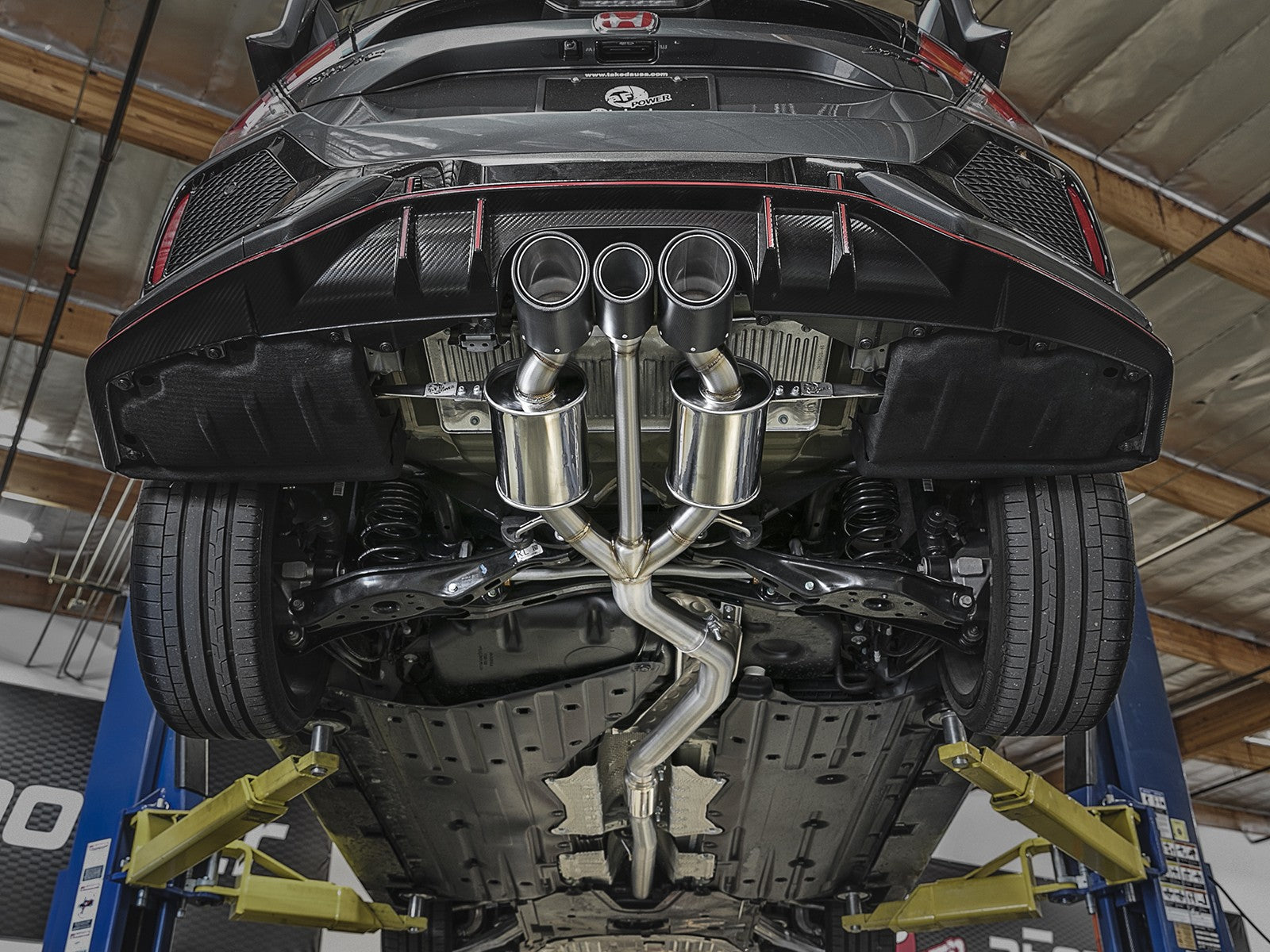 aFe POWER Takeda 2-1/2in to 2-1/4in 304SS Catback Dual-Exit Exhaust 17-21 Honda Civic Type R w/CF Tips 49-36616-C