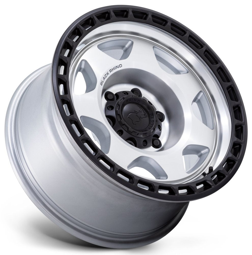 (Clearance - No Returns) 17X8.5 Black Rhino BR018 Voyager Silver Machined w/ Matte Black Lip 5x5/127 0mm