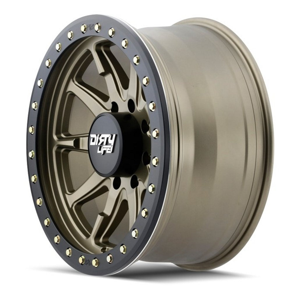 (Clearance - No Returns) 17x9 Dirty Life 9304 DT-2 Satin Gold w/ Simulated Beadlock Black Ring 8x170 -12mm