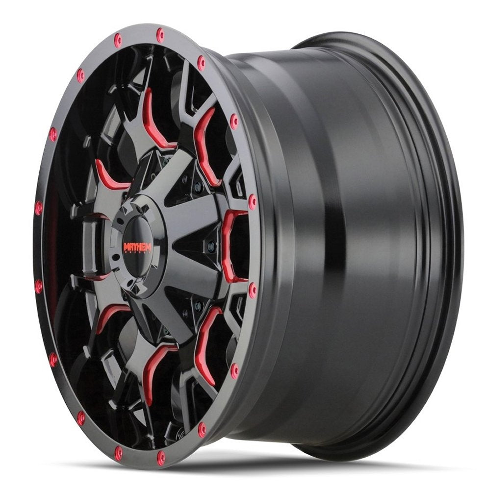 (Clearance - No Returns) 17x9 Mayhem Warrior 8015BTR Gloss Black w/ Prism Red 5x5/127 5x5.5/139.7 18mm