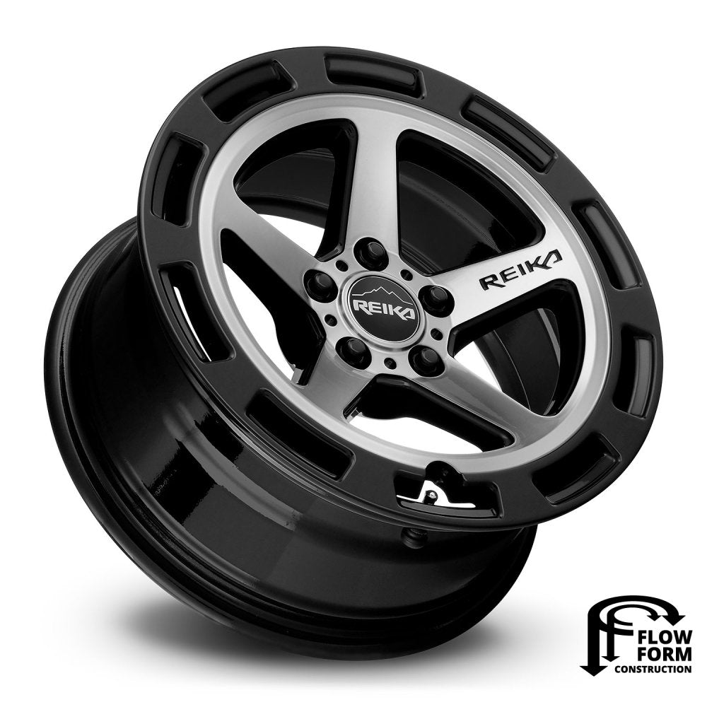 (Clearance - No Returns) 17x7 Reika R20 Teton Gloss Black Machine Face 5x100 15mm