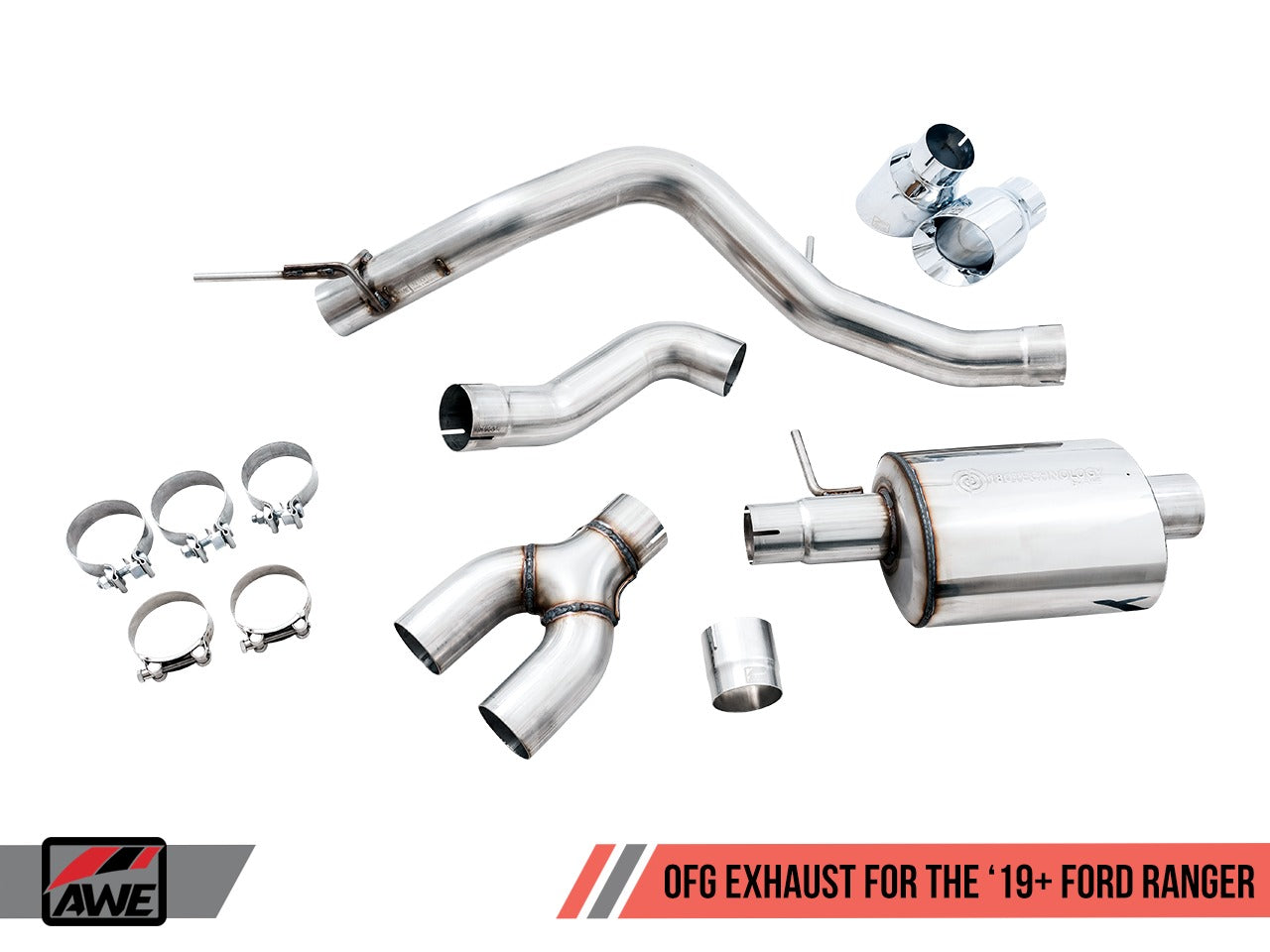 AWE Tuning 19-21 Ford Ranger 0FG Performance Exhaust System w/Chrome Silver Tips & Bash Guard 3015-22072