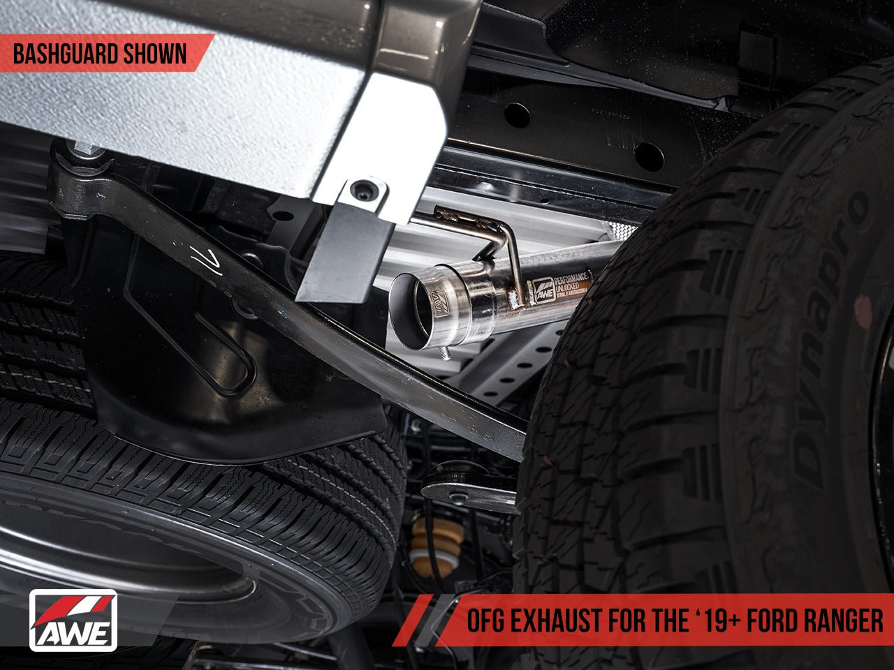 AWE Tuning 19-21 Ford Ranger 0FG Performance Exhaust System w/Diamond Black Tips & Rock Guard 3015-23064