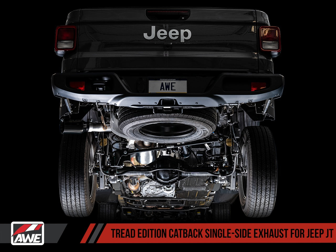 AWE Tuning 20-22 Jeep Gladiator JT 3.6L Tread Edition Cat-Back Single Side Exhaust - Diamond Blk Tips 3015-23103