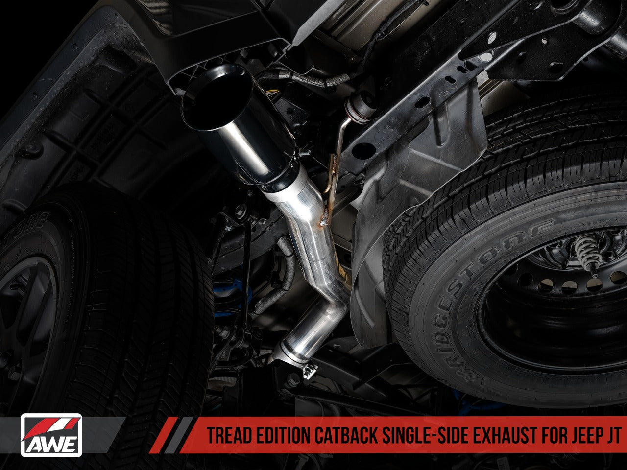 AWE Tuning 20-22 Jeep Gladiator JT 3.6L Tread Edition Cat-Back Single Side Exhaust - Diamond Blk Tips 3015-23103