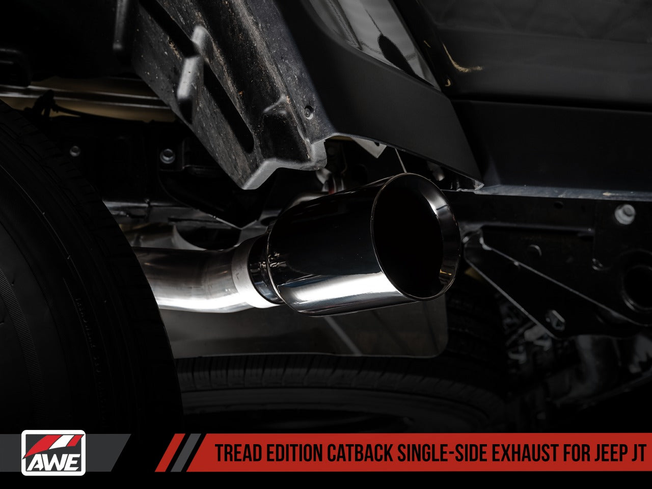 AWE Tuning 20-22 Jeep Gladiator JT 3.6L Tread Edition Cat-Back Single Side Exhaust - Diamond Blk Tips 3015-23103