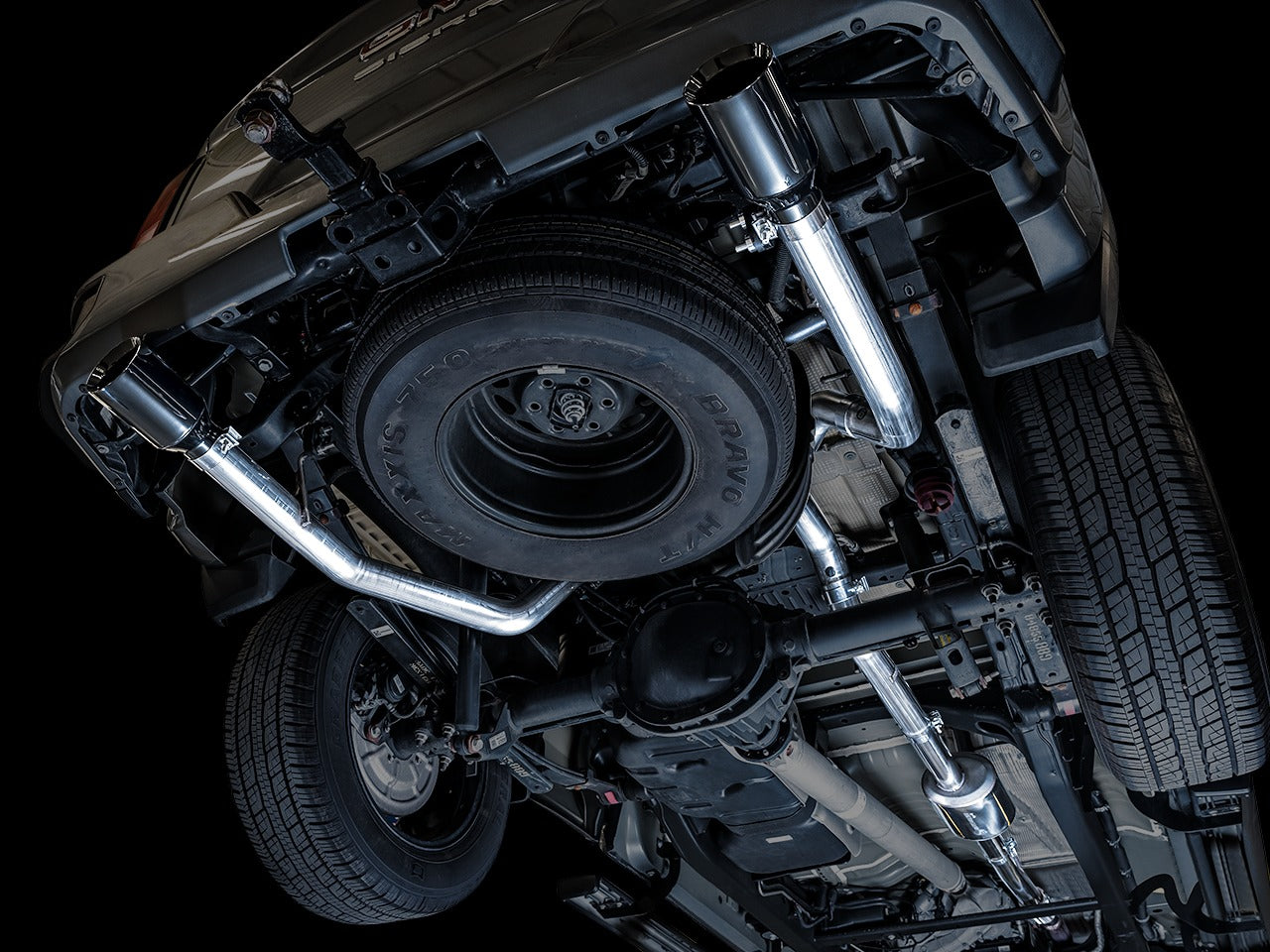 AWE Tuning 19-22 4th Gen GM 1500 5.3L 0FG Catback Split Rear Exit (Flat Bumper) - Quad Chrome Tips 3015-32205