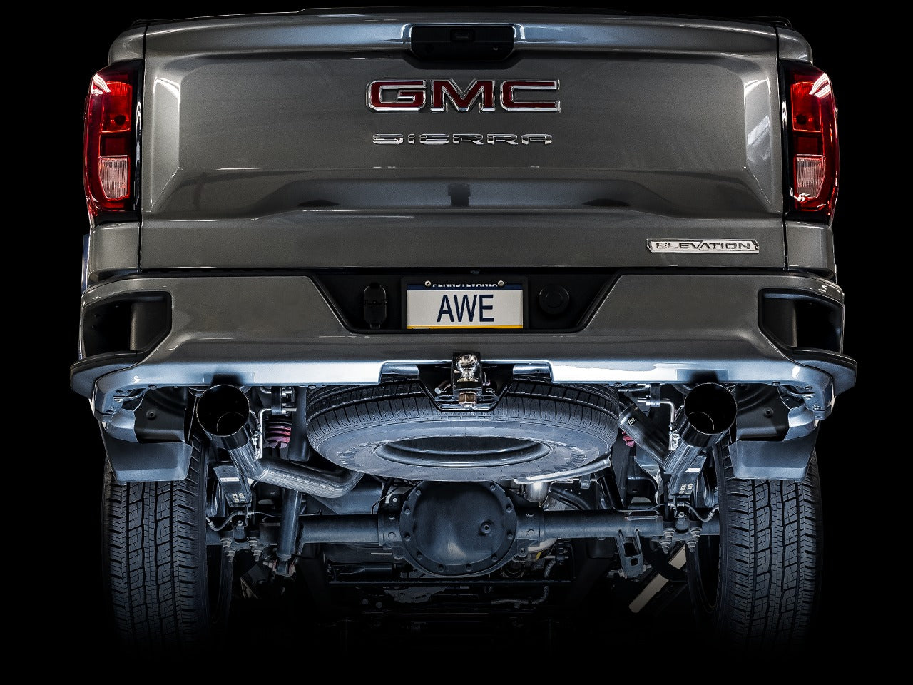 AWE Tuning 19-22 4th Gen GM 1500 5.3L 0FG Catback Split Rear Exit (Flat Bumper) - Quad Chrome Tips 3015-32205