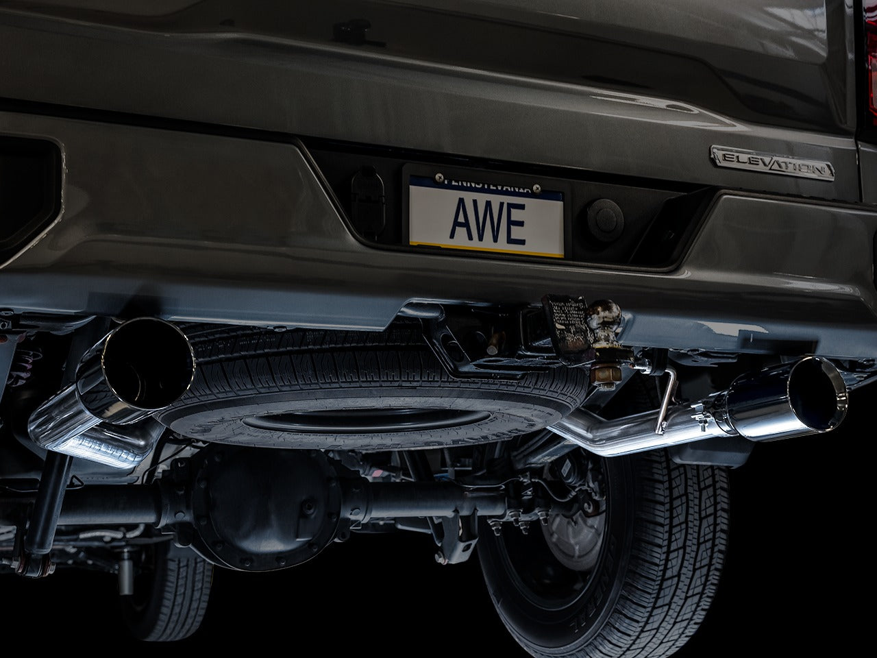 AWE Tuning 19-22 4th Gen GM 1500 5.3L 0FG Catback Split Rear Exit (Flat Bumper) - Quad Chrome Tips 3015-32205