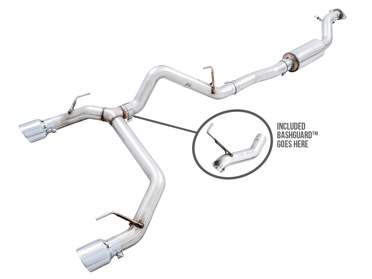 AWE Tuning 21-22 Ford Bronco 0FG Dual Rear Exit Exhaust w/Chrome Silver Tips & Bash Guard 3015-32456