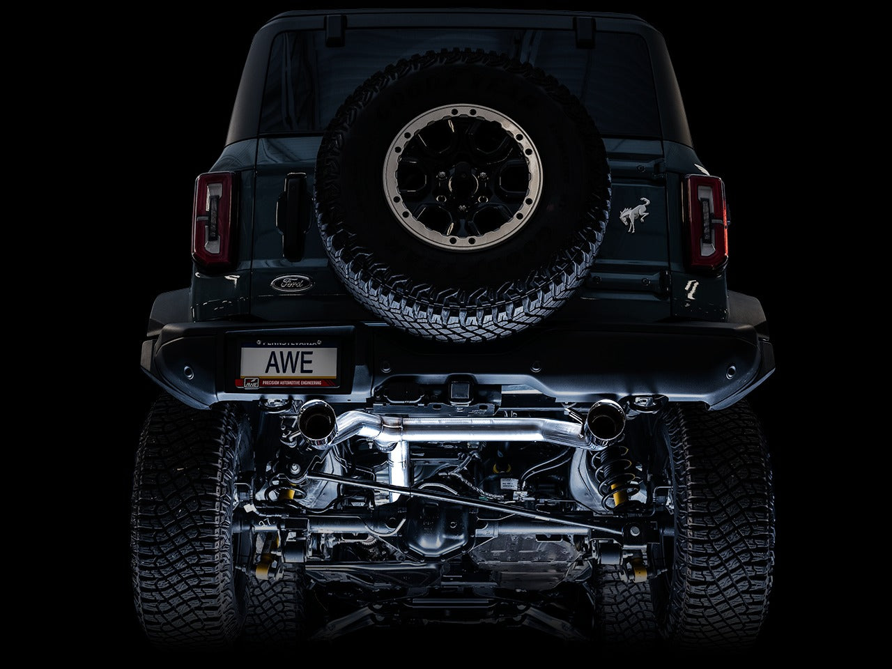 AWE Tuning 21-22 Ford Bronco 0FG Dual Rear Exit Exhaust w/Diamond Black Tips & Bash Guard 3015-33456