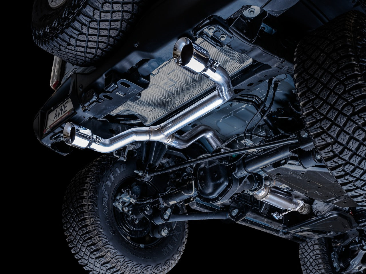 AWE Tuning 21-22 Ford Bronco 0FG Dual Rear Exit Exhaust w/Chrome Silver Tips & Bash Guard 3015-32456
