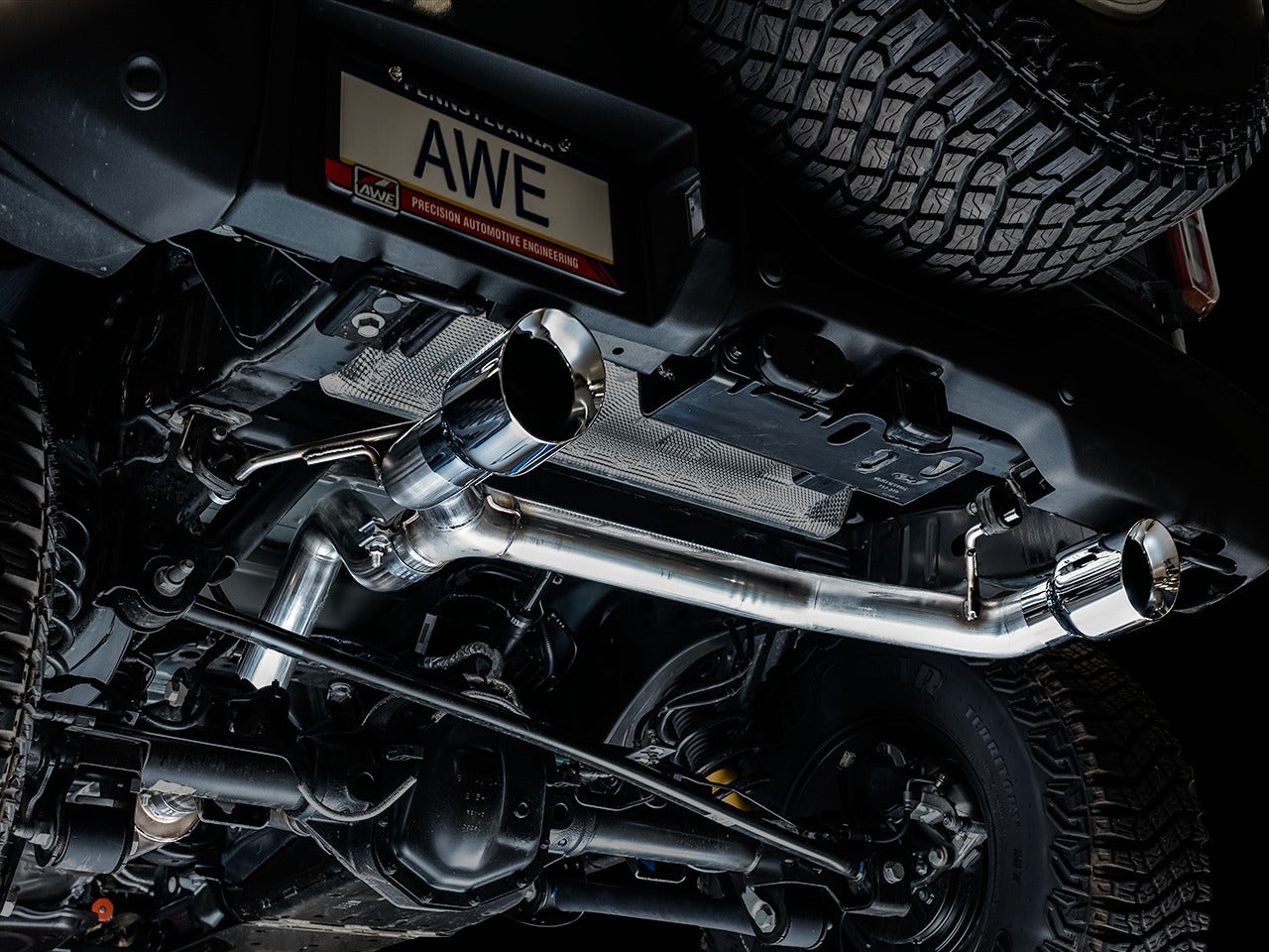 AWE Tuning 21-22 Ford Bronco 0FG Dual Rear Exit Exhaust w/Chrome Silver Tips & Bash Guard 3015-32456