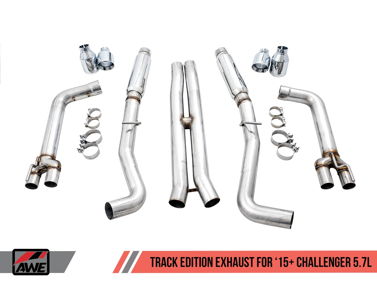 AWE Tuning 17-22 Dodge Challenger 5.7L Track Edition Exhaust - Chrome Silver Quad Tips 3015-42144