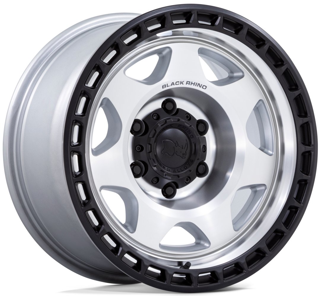 (Clearance - No Returns) 17X8.5 Black Rhino BR018 Voyager Silver Machined w/ Matte Black Lip 5x5/127 0mm