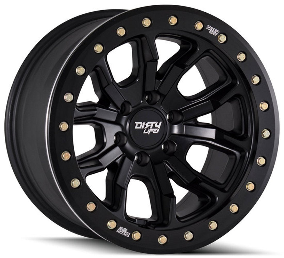 (Clearance - No Returns) 17x9 Dirty Life 9303 DT-1 Matte Black w/ Simulated Beadlock Black Ring 6x135 -12mm