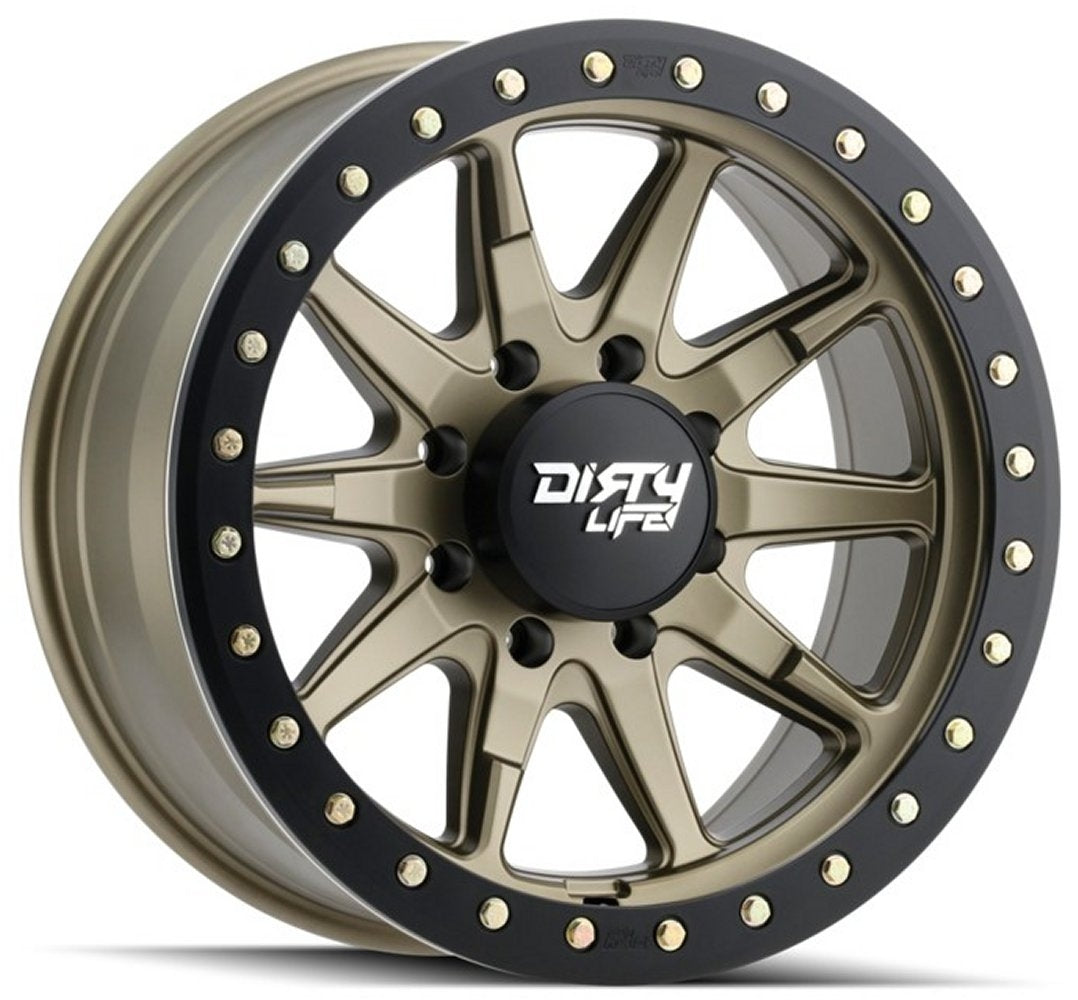 (Clearance - No Returns) 17x9 Dirty Life 9304 DT-2 Satin Gold w/ Simulated Beadlock Black Ring 8x170 -12mm