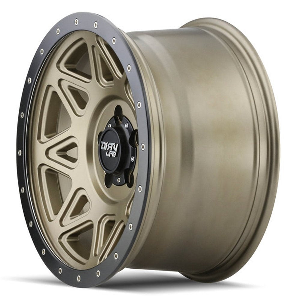 (Clearance - No Returns) 17x9 Dirty Life 9305 Theory Matte Gold w/ Matte Black Lip 6x5.5/139.7 -12mm