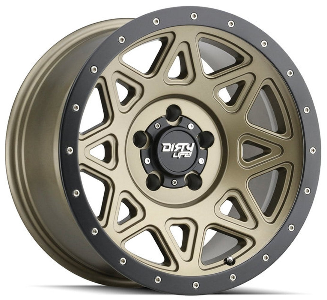 (Clearance - No Returns) 17x9 Dirty Life 9305 Theory Matte Gold w/ Matte Black Lip 6x5.5/139.7 -12mm