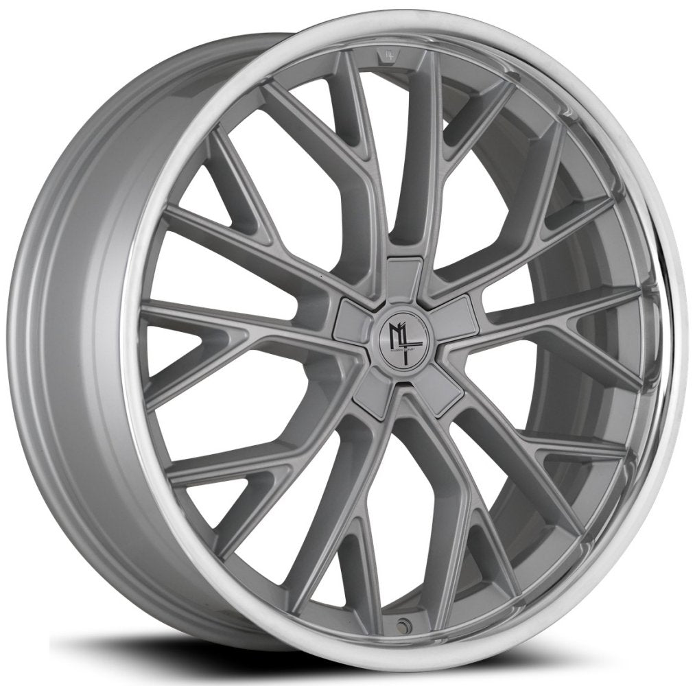 22x8.5 Modern Luxury MLF15 Brushed Silver w/ Chrome SSL (Flow Formed) 5x4.5/114.3 38mm